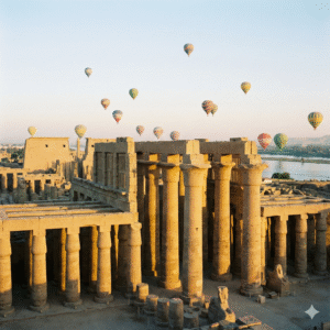 Aerial view of colorful hot air balloons flying over the massive columns of Karnak Temple and the Nile River in Luxor during sunrise. Top Luxor aerial excursions.