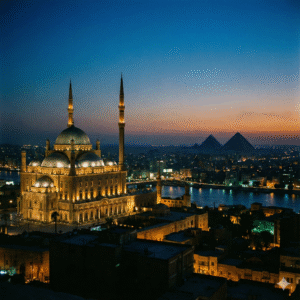 Panoramic night view from Saladin Citadel showing the illuminated Mosque of Muhammad Ali Pasha, overlooking the Nile River and Cairo city lights, with the Great Pyramids of Giza in the distant horizon at dusk.