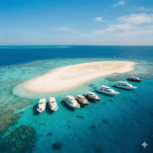 Aerial drone shot of a white sandy island (like Giftun Island) surrounded by crystal clear turquoise Red Sea waters and coral reefs, with several luxury tourist yachts anchored around it.