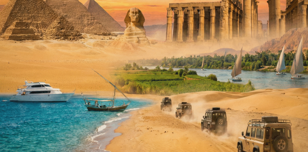 Vintage travel desk with Egypt map, compass, and gear, surrounded by photos of Giza Pyramids, desert safari, Luxor hot air balloons, and a Red Sea snorkeling yacht.