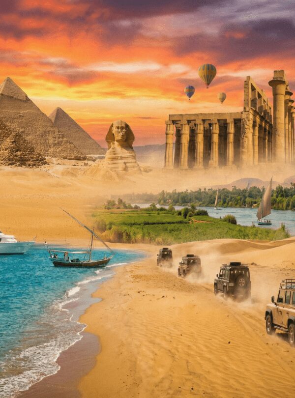 Vintage travel desk with Egypt map, compass, and gear, surrounded by photos of Giza Pyramids, desert safari, Luxor hot air balloons, and a Red Sea snorkeling yacht.