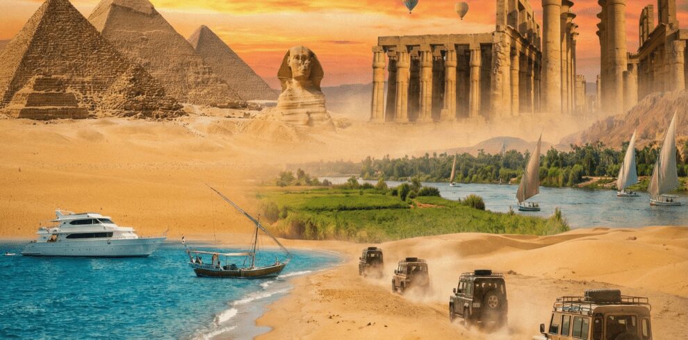 Vintage travel desk with Egypt map, compass, and gear, surrounded by photos of Giza Pyramids, desert safari, Luxor hot air balloons, and a Red Sea snorkeling yacht.