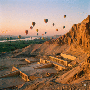 Stunning aerial view of Queen Hatshepsut's mortuary temple at Deir el-Bahari in Luxor, with numerous colorful hot air balloons flying above it and the Nile Valley during sunrise.