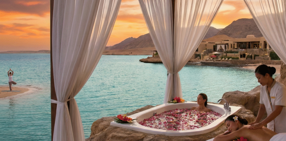 Natural spa set including massage oils, hot stones, towels, and herbs, surrounded by photos of beach massage, traditional Turkish hammam, and sunset yoga.