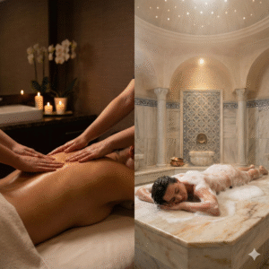 Split image showing a therapeutic oil massage in a quiet spa room on the left, and a woman relaxing under foam on warm marble in a traditional Turkish Hammam on the right. Complete spa and wellness packages.