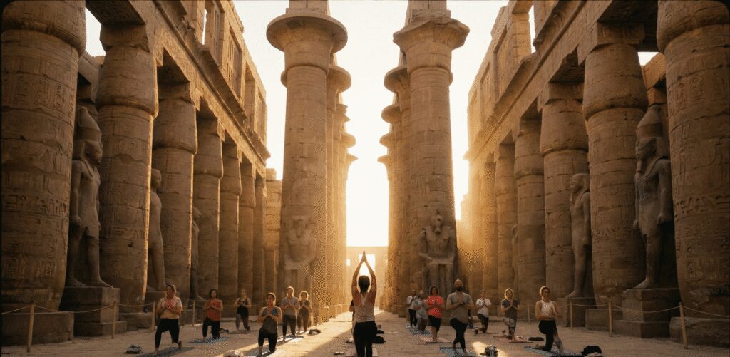 A cinematic photo of a group practicing yoga at sunrise inside the massive Hypostyle Hall of Karnak Temple in Luxor, Egypt.