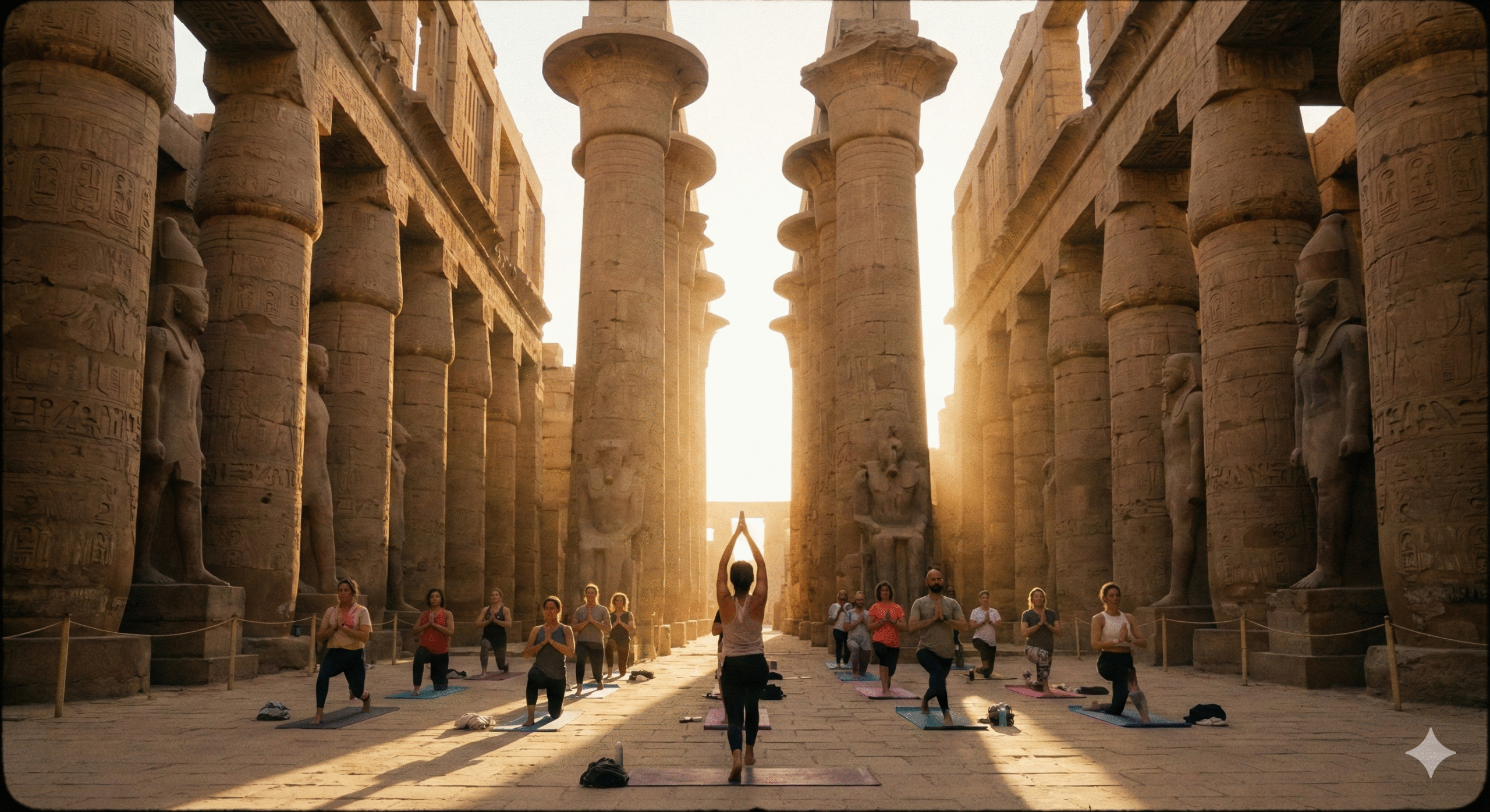 A cinematic photo of a group practicing yoga at sunrise inside the massive Hypostyle Hall of Karnak Temple in Luxor, Egypt.