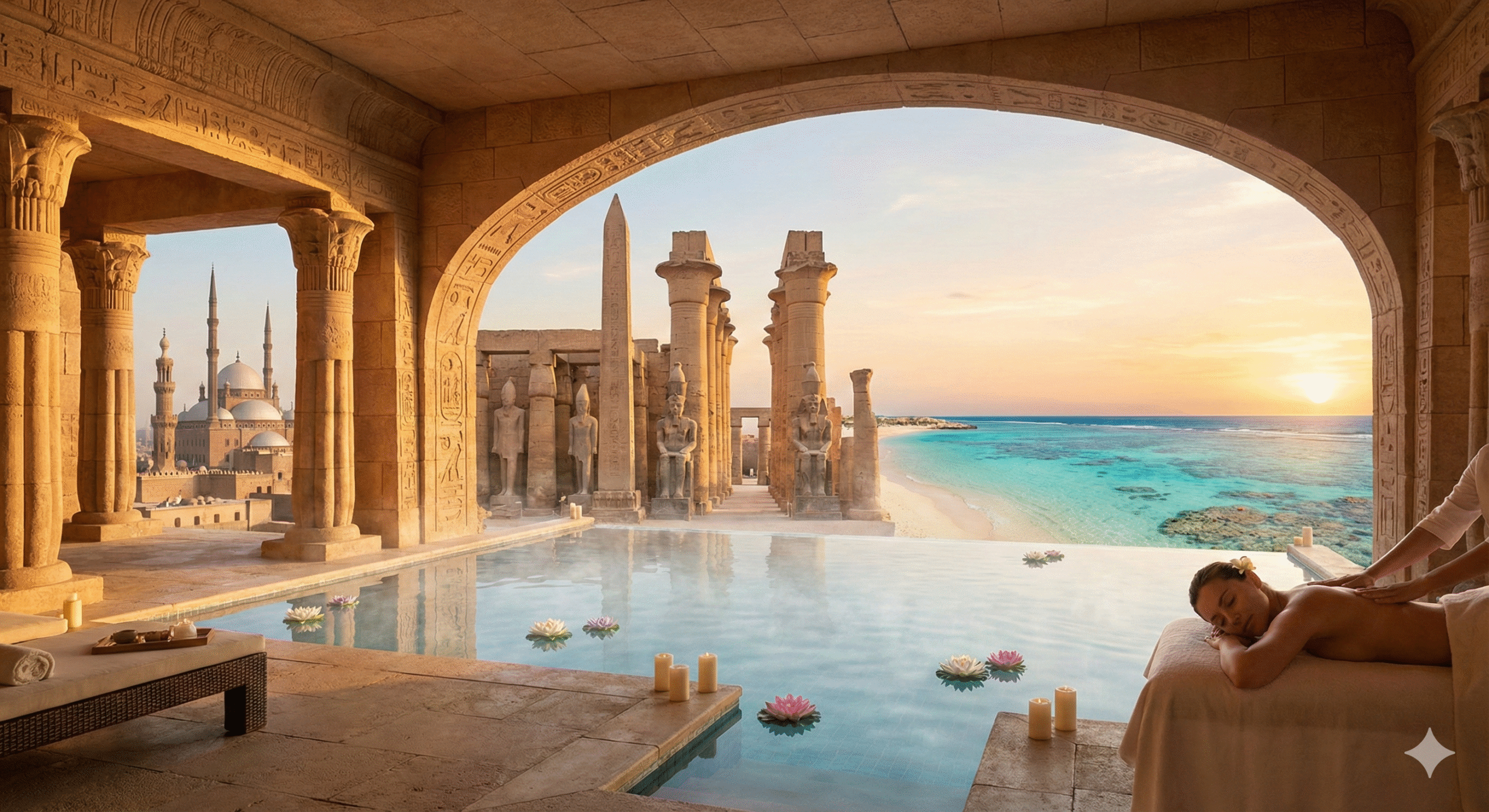 Woman receiving massage in luxury Pharaonic spa overlooking panoramic view of Luxor Temple, Islamic Cairo, and Hurghada Red Sea beach at sunset.