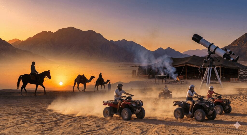 Female tourist enjoying a relaxing photo session, sitting on the desert sand in front of a camel during a Hurghada safari trip.
