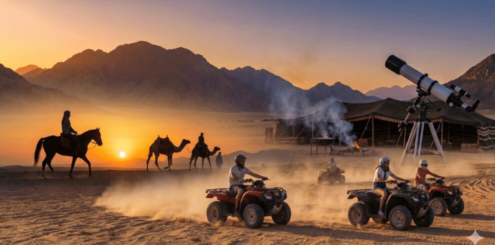 Female tourist enjoying a relaxing photo session, sitting on the desert sand in front of a camel during a Hurghada safari trip.
