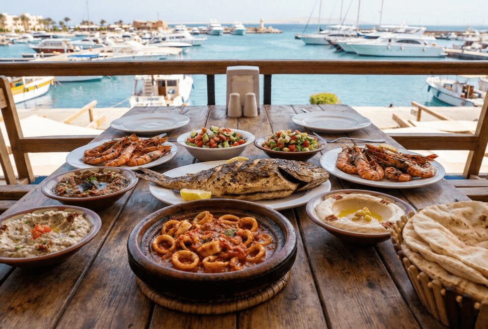 Traditional Egyptian seafood feast with grilled fish and shrimps, representing the best dining experiences in Hurghada.