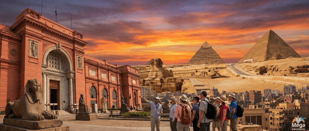 Cairo Tour Pyramids Museum Hurghada - Mega Adventures group visiting Giza Plateau and Egyptian Museum at sunset