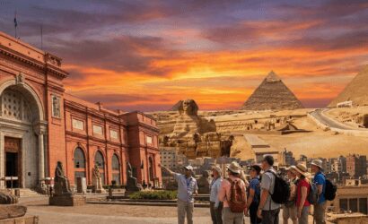 Cairo Tour Pyramids Museum Hurghada - Mega Adventures group visiting Giza Plateau and Egyptian Museum at sunset