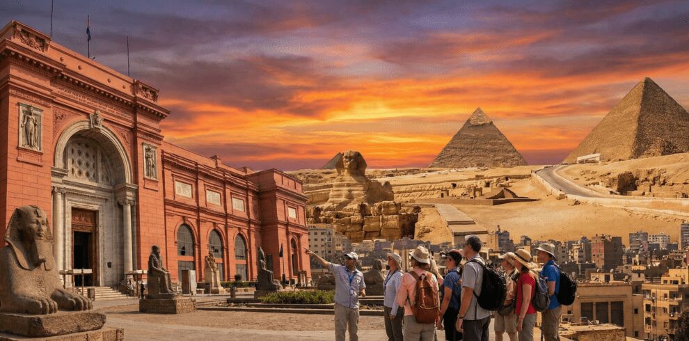 Cairo Tour Pyramids Museum Hurghada - Mega Adventures group visiting Giza Plateau and Egyptian Museum at sunset