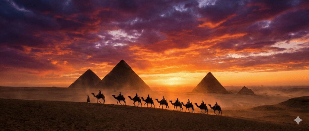 Camel caravan at sunset in front of Giza pyramids