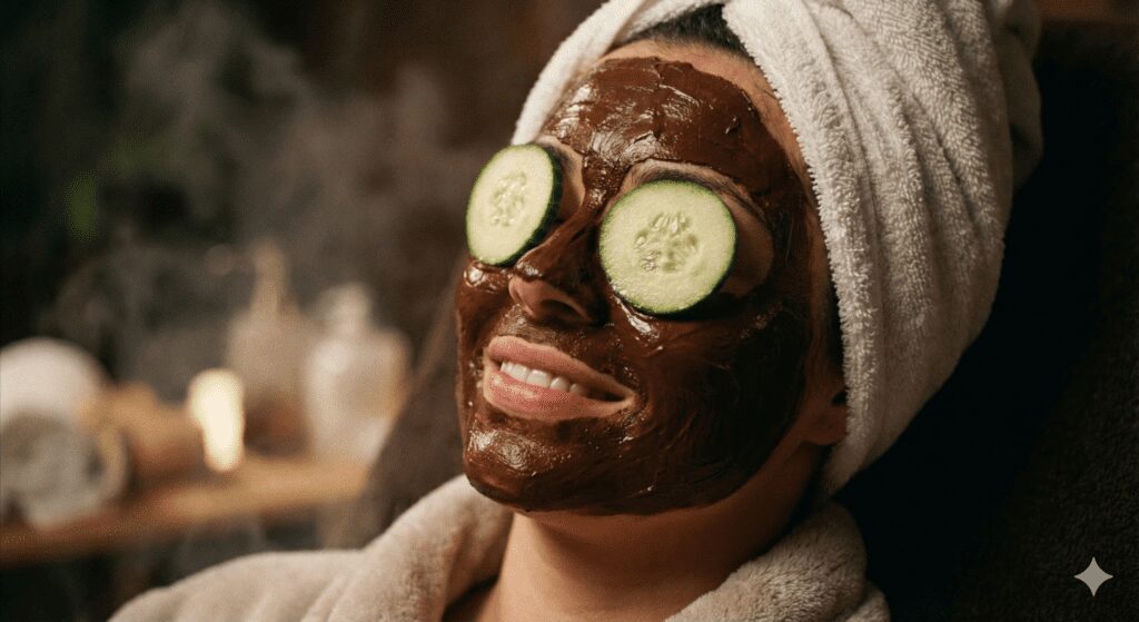 Woman enjoying a chocolate face mask during the Cleopatra Plus Spa Ritual