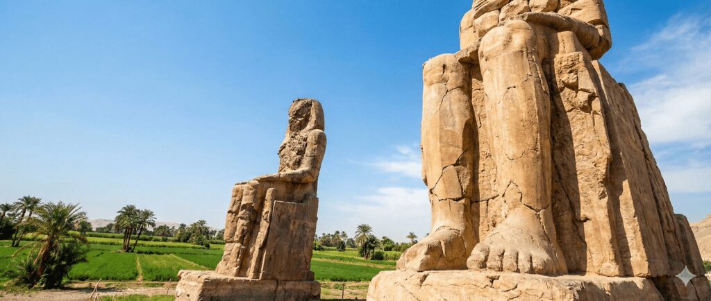 The Colossi of Memnon, two massive stone statues of Pharaoh Amenhotep III, seated, weathered stone texture, green agricultural fields in the background, blue sky, wide angle low shot to show scale.