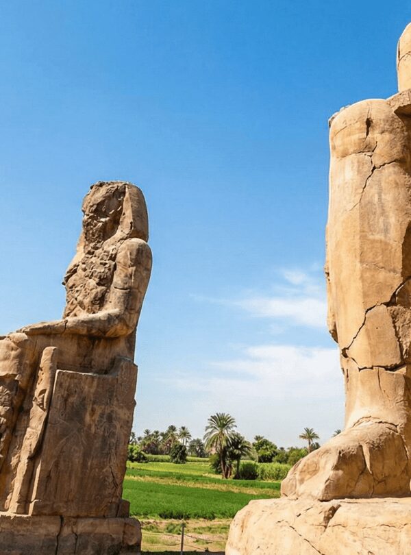 The Colossi of Memnon, two massive stone statues of Pharaoh Amenhotep III, seated, weathered stone texture, green agricultural fields in the background, blue sky, wide angle low shot to show scale.