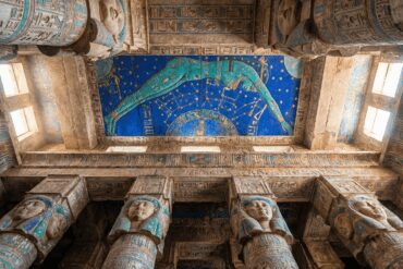 Colorful ceiling of Dendera and Abydos Temples showing the goddess Nut