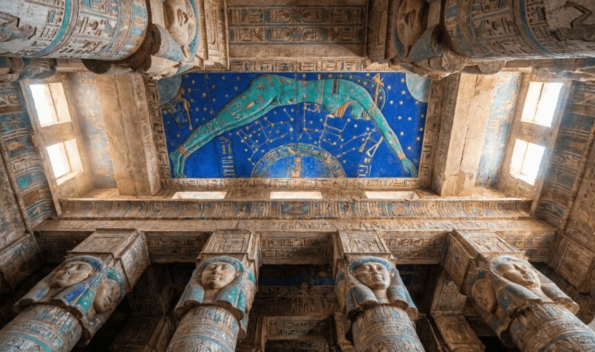 Colorful ceiling of Dendera and Abydos Temples showing the goddess Nut