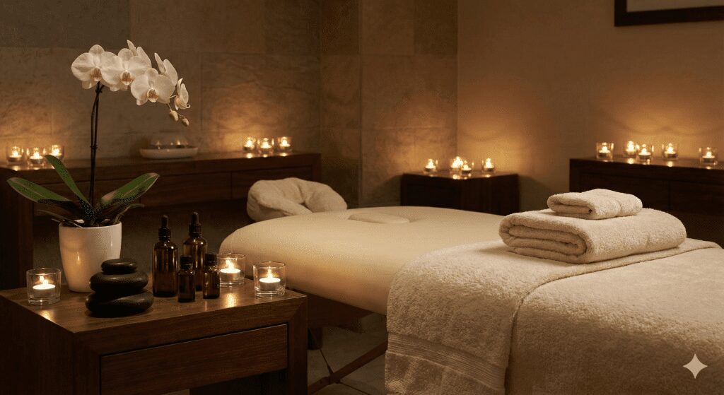 Dimly lit private treatment room set up for a 45-minute full body massage with essential oils, hot stones, and plush towels.