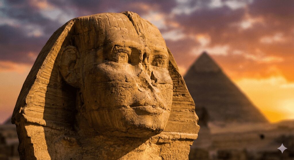 Close up view of Great Sphinx face Giza Plateau