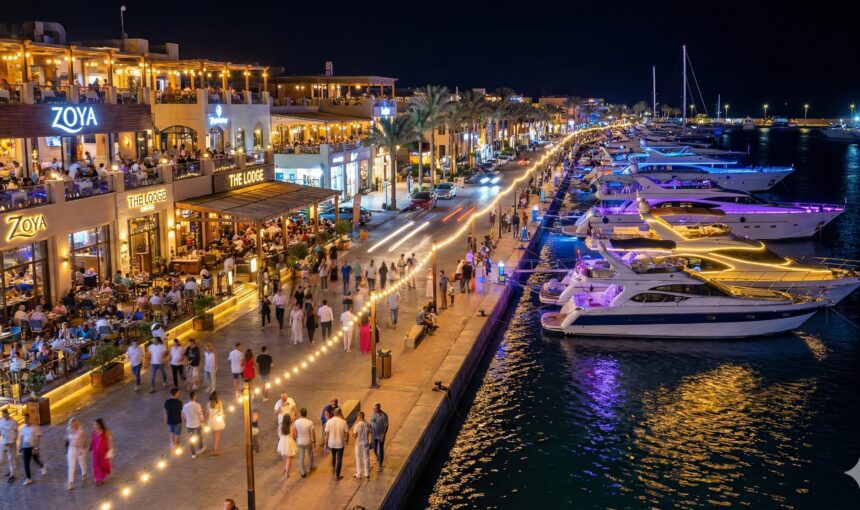 Night view of Hurghada Marina promenade featuring luxury yachts and busy restaurants.