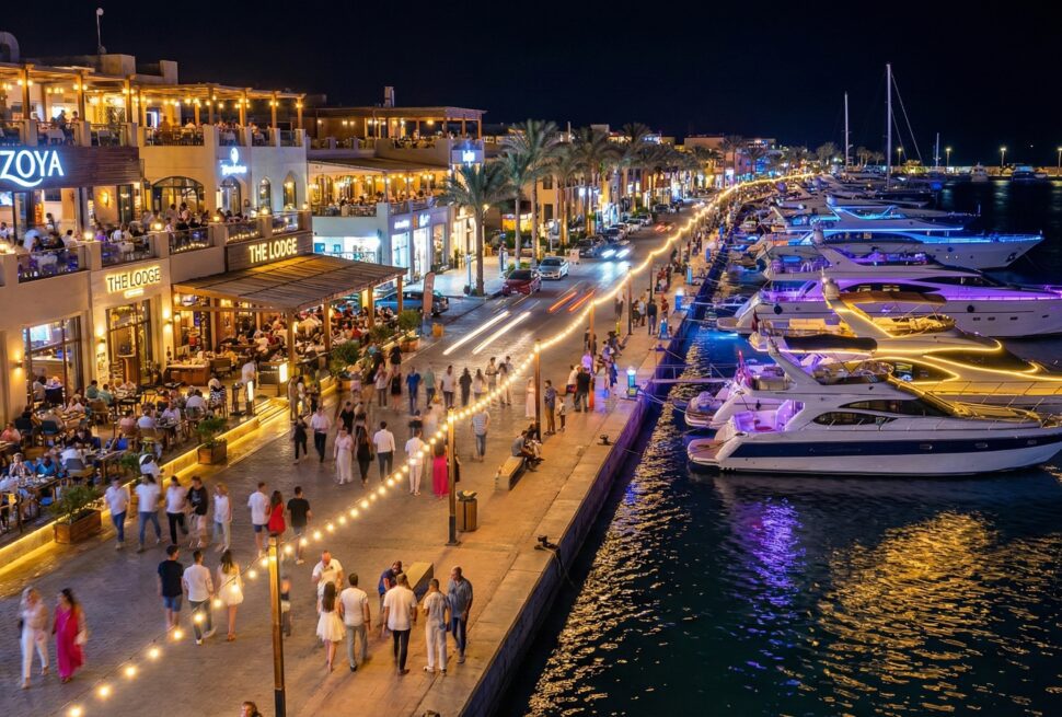 Night view of Hurghada Marina promenade featuring luxury yachts and busy restaurants.