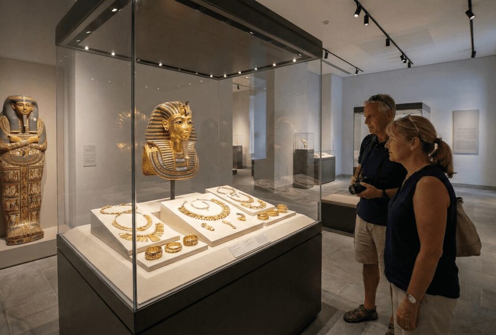 Ancient Egyptian artifacts on display at the Hurghada Museum, featuring golden jewelry and painted coffins.