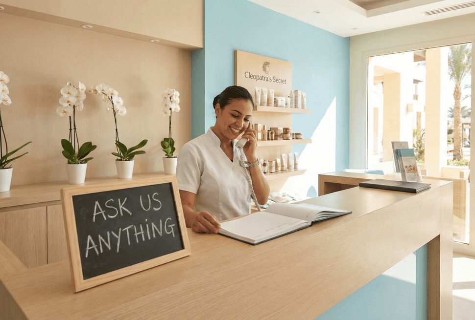 Smiling receptionist at a spa desk in Hurghada answering questions, representing frequently asked questions about spa etiquette and booking.