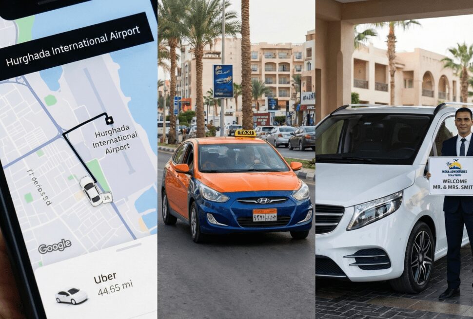 Transportation options in Hurghada: Uber app, local orange taxi, and private airport transfer service.