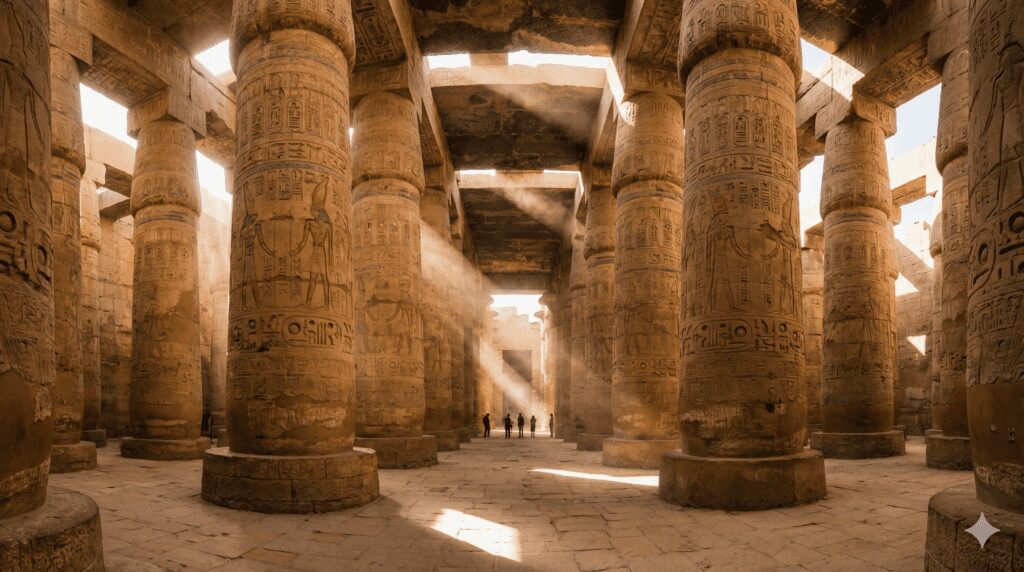 The Hypostyle Hall in Karnak Temple, towering massive stone columns with hieroglyphic carvings, sunbeams shining through the columns creating a dramatic effect, ancient atmosphere, 8k resolution.