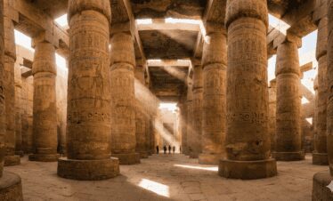 The Hypostyle Hall in Karnak Temple, towering massive stone columns with hieroglyphic carvings, sunbeams shining through the columns creating a dramatic effect, ancient atmosphere, 8k resolution.