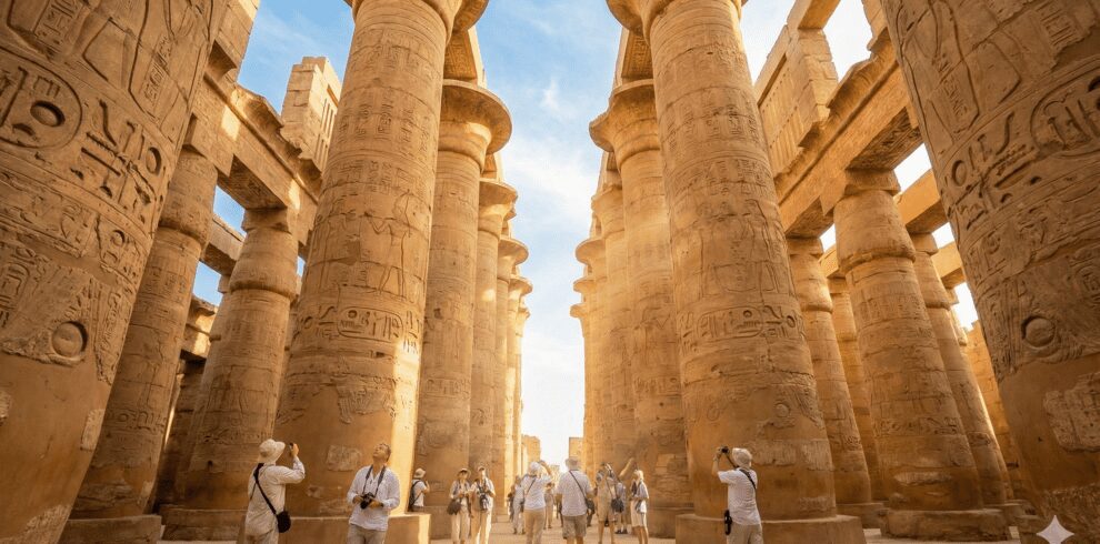 Wide angle shot of Karnak Temple in Luxor, massive columns with hieroglyphics, sun rays passing through, blue sky, tourists walking with admiration. High quality travel photography.