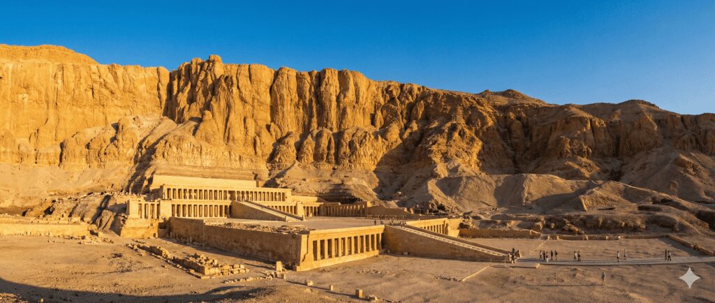 Wide cinematic shot of the Mortuary Temple of Hatshepsut in Luxor, majestic limestone terraces against a clear blue sky and steep cliffs, tourists walking in the distance, high resolution, sunny day, golden hour lighting.