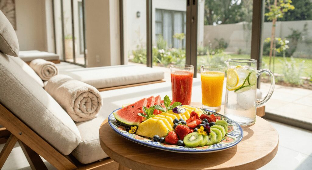 Fresh platter of sliced tropical fruits and healthy juices served as a revitalizing refreshment after the VIP Royal spa experience.