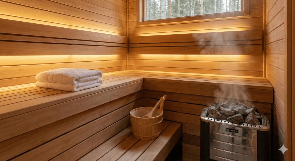 Interior of a pristine private Finnish cedar wood sauna with hot stones and steam, part of the exclusive VIP spa package.