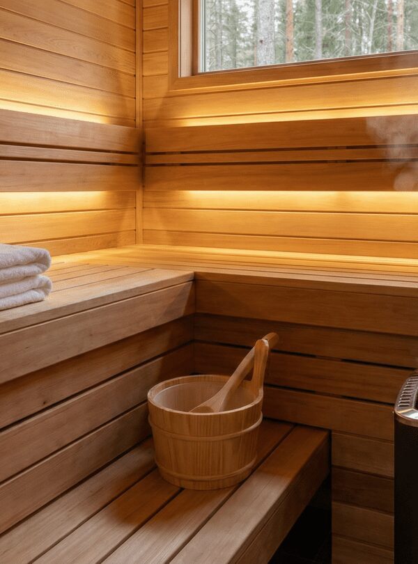 Interior of a pristine private Finnish cedar wood sauna with hot stones and steam, part of the exclusive VIP spa package.