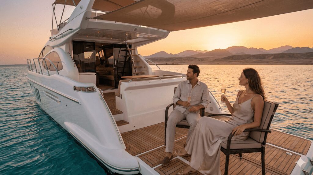 Couple enjoying a private luxury yacht tour at sunset in Hurghada, Red Sea, representing bespoke Egypt travel packages.