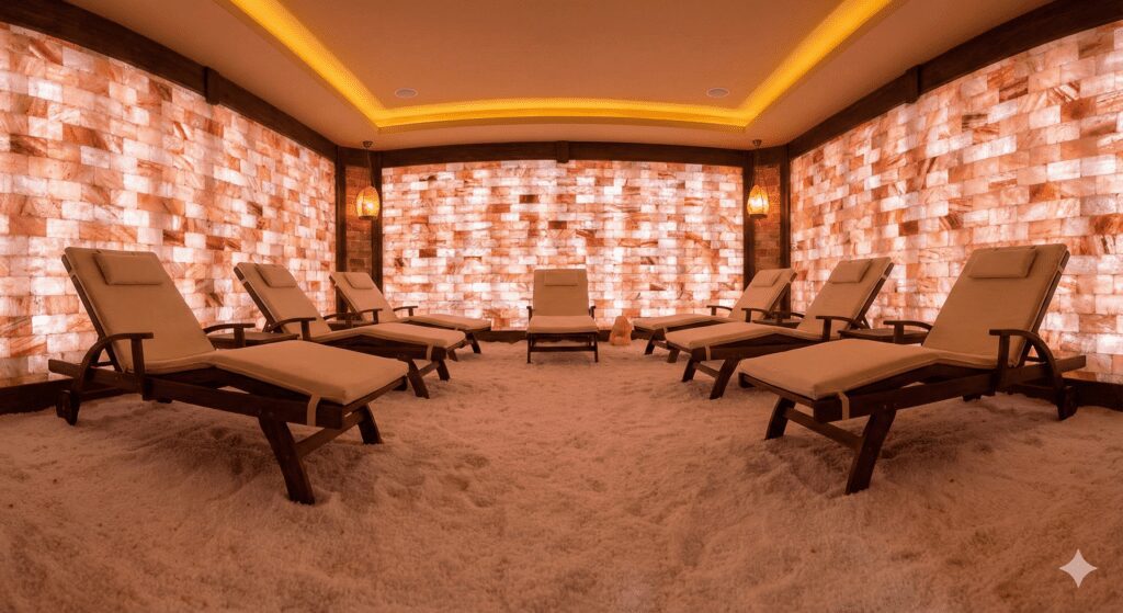 Interior of a therapeutic Salt Cave spa room, walls covered in pink Himalayan salt bricks, floor covered in loose white salt, comfortable lounge chairs, soft ambient amber lighting, tranquil and healing atmosphere, wide angle shot.