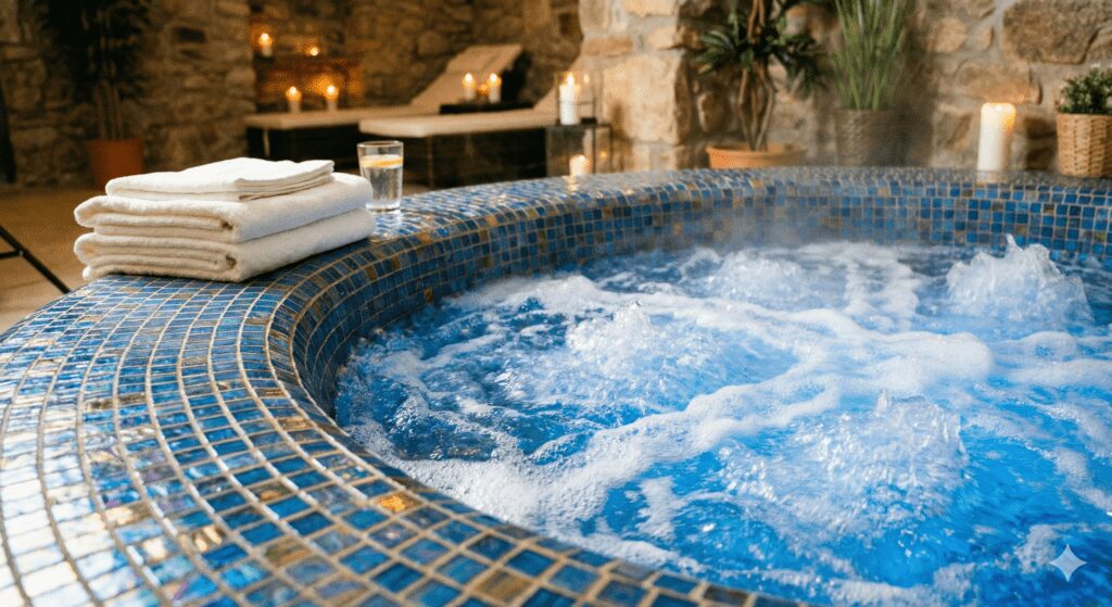 Close up of a luxury indoor Jacuzzi with vigorous blue water bubbles, mosaic tiles, steam rising from water, folded towels on the edge, relaxing spa background.