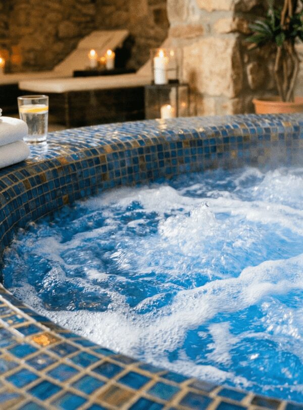 Close up of a luxury indoor Jacuzzi with vigorous blue water bubbles, mosaic tiles, steam rising from water, folded towels on the edge, relaxing spa background.