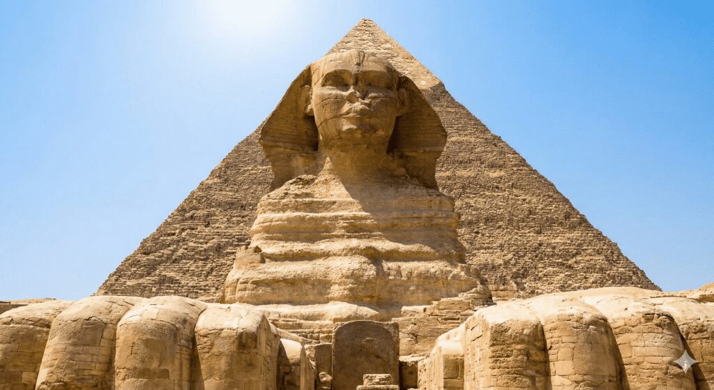 Great Sphinx and Cheops Pyramid view during your Cairo and Pyramids Tour