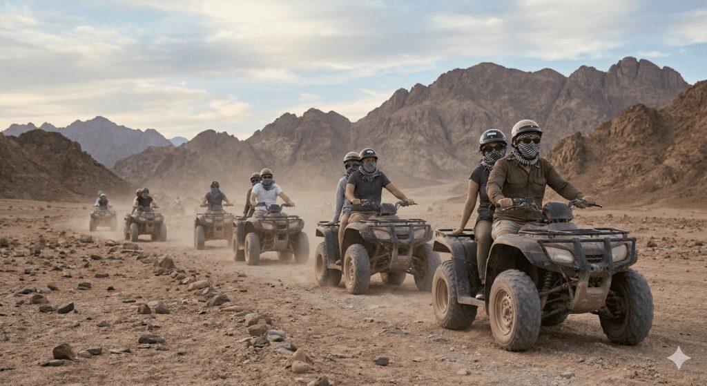Tourist driving Quad Bike ATV in Hurghada desert during Super Safari trip