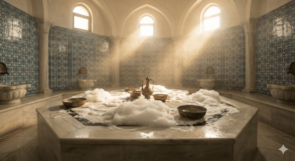 Traditional marble Turkish Hamam room prepared for coconut peeling and foam massage, highlighting the authentic cleansing ritual on the heated stone.