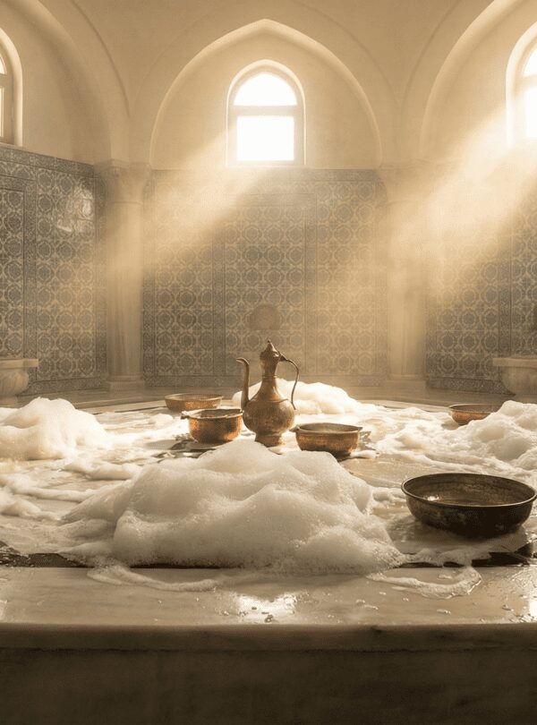 Traditional marble Turkish Hamam room prepared for coconut peeling and foam massage, highlighting the authentic cleansing ritual on the heated stone.