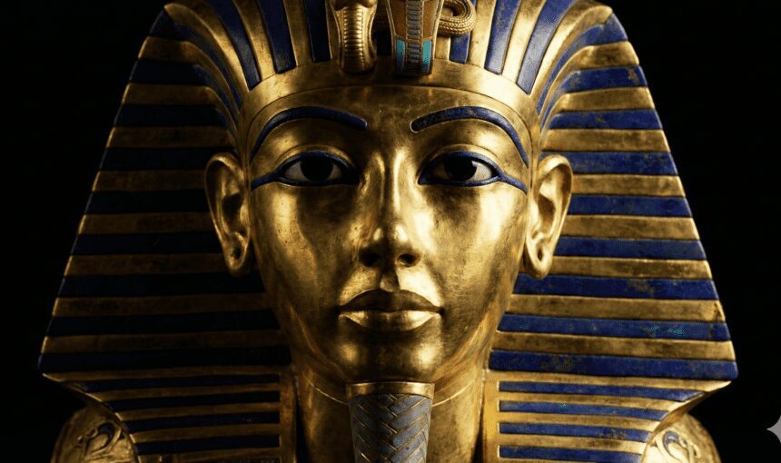 The famous Golden Death Mask of King Tutankhamun shining in the dark, representing the treasures of the Egyptian Museum.