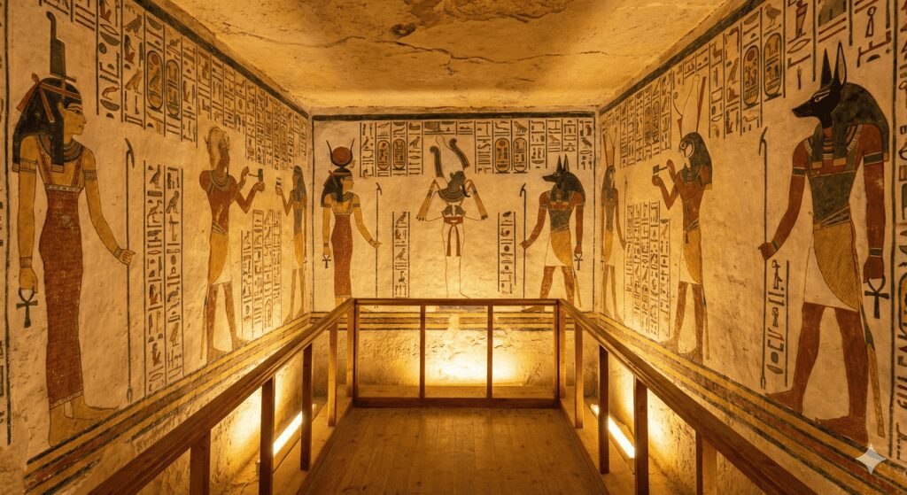 Interior of an ancient Egyptian tomb in the Valley of the Queens, incredibly detailed colorful hieroglyphics on the walls showing Egyptian gods, warm artificial lighting illuminating the art, high detail, realistic photography style.