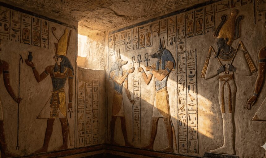 Interior of a Pharaonic tomb in the Valley of the Kings showing vibrant, original colored hieroglyphs on the walls.