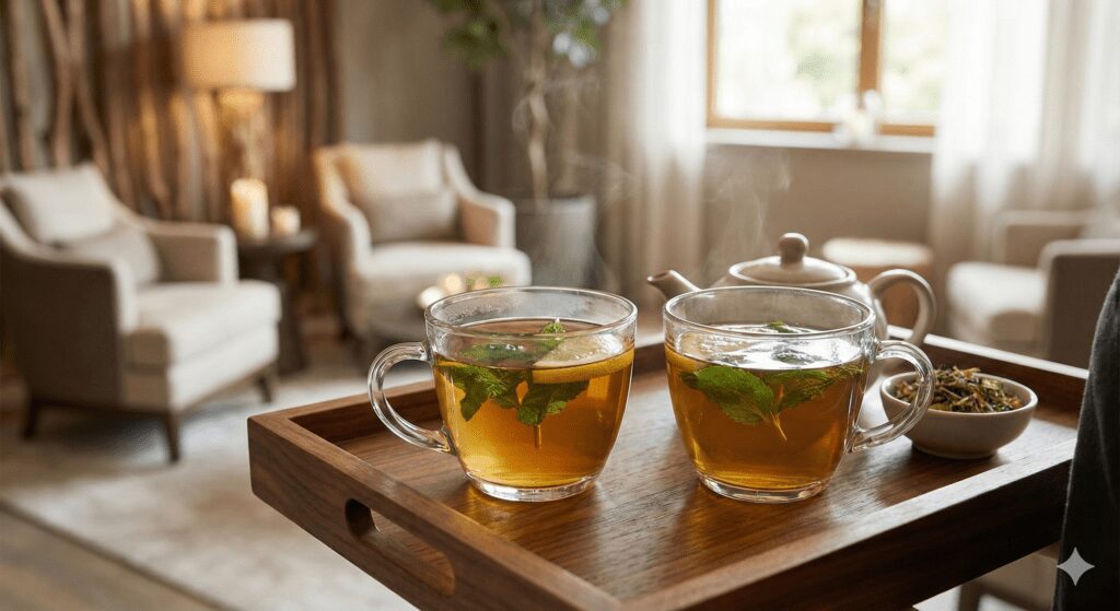 Elegant presentation of warm herbal welcome tea and fresh lemon served on a wooden tray before starting the private spa journey.
